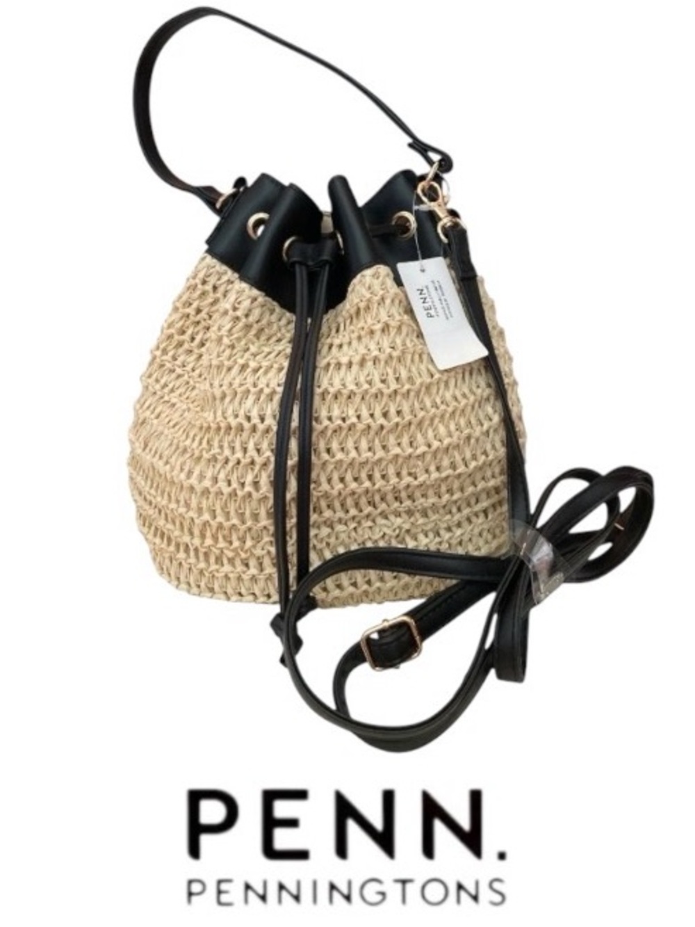 PENN Natural Straw Slouchy Bucket Bag with Faux Leather Black Trim